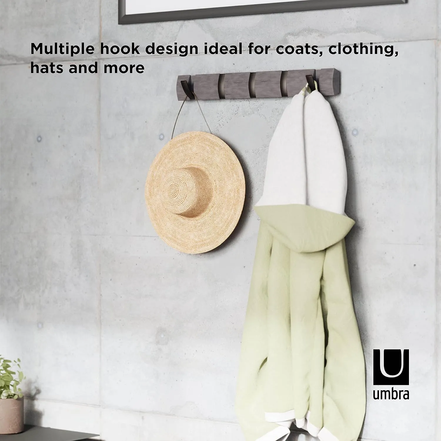Umbra Flip Wall Mounted Floating Rack  Modern, Sleek, Space-Saving Coat Hanger with 5 Retractable, Driftwood/Nickel Hook
