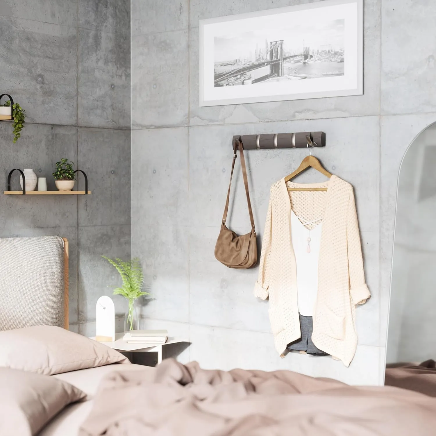 Umbra Flip Wall Mounted Floating Rack  Modern, Sleek, Space-Saving Coat Hanger with 5 Retractable, Driftwood/Nickel Hook