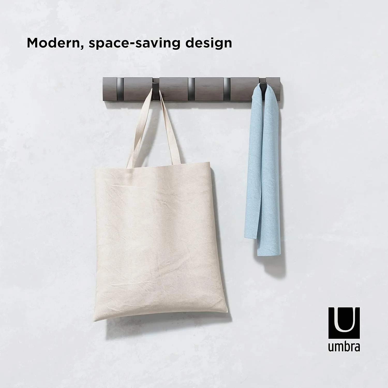Umbra Flip Wall Mounted Floating Rack  Modern, Sleek, Space-Saving Coat Hanger with 5 Retractable, Driftwood/Nickel Hook